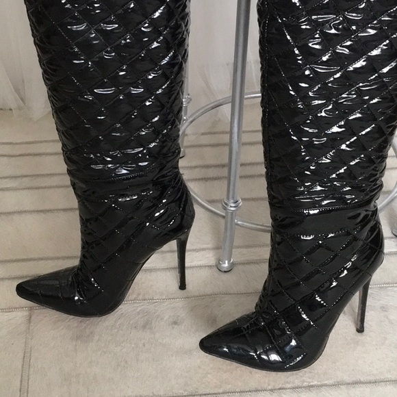 Black Quilted Over-the-Knee Stilettos Boots pointed toe Size 7 - Picture 8 of 10